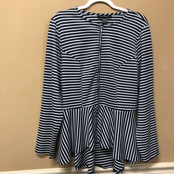 Ashley Stewart Blue White Stripe Peplum Hi Low Full Zip Top 14 NWT - Picture 1 of 5